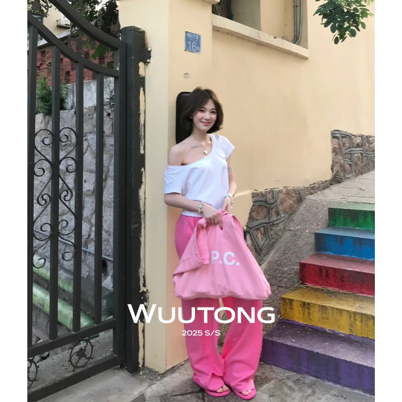 WuuTong【玫粉周末】夏季玫粉纯色时尚休闲阔腿垂感宽松慵懒亚麻裤