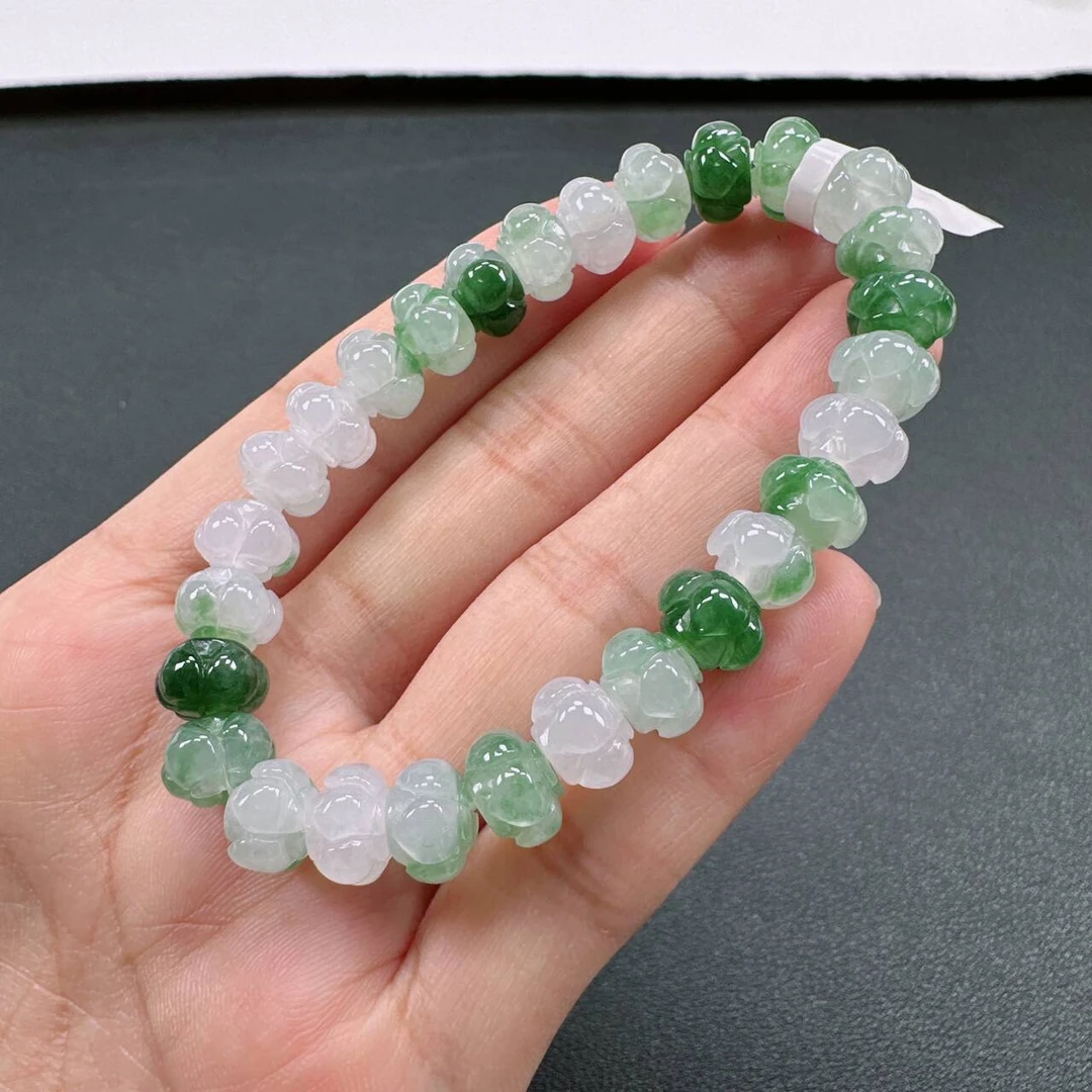 缅甸天然A货翡翠手串卡9mm老坑冰胶水润飘花莲花珠女士手串