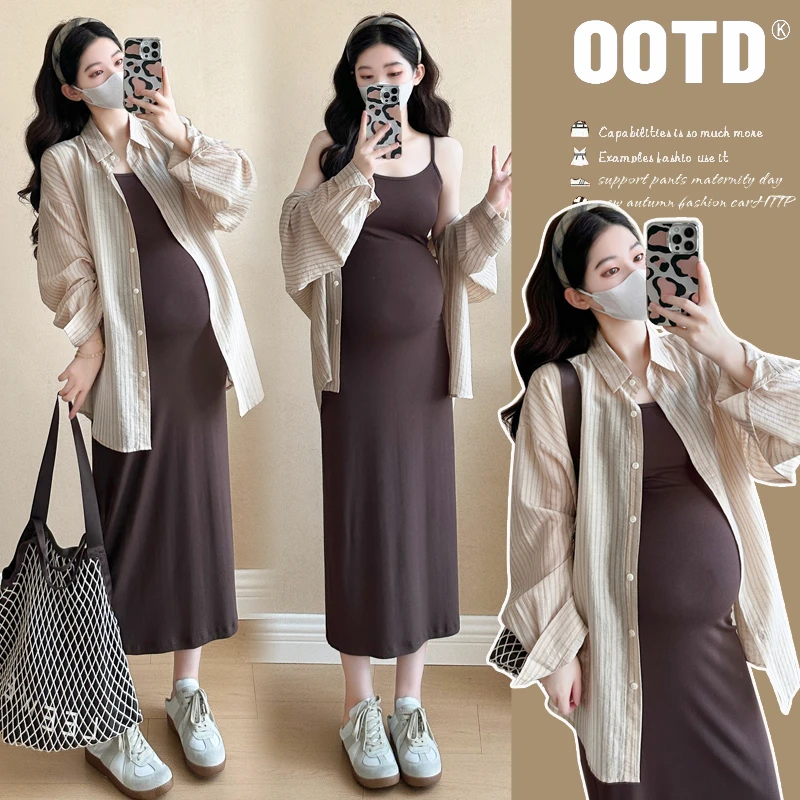 2025新款孕妇装女早秋连衣裙爆款条纹衬衫简约大码洋气套装两件套