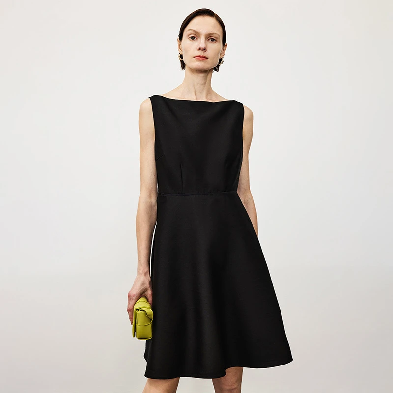 寺山文也 澜生/重磅丝毛绸小黑裙子女夏季一字领轻礼无袖连衣裙