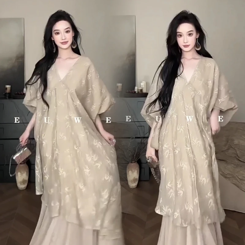 气质长款不撞款薄纱V领连衣裙女夏季新中式国风禅意风碎花裙子装
