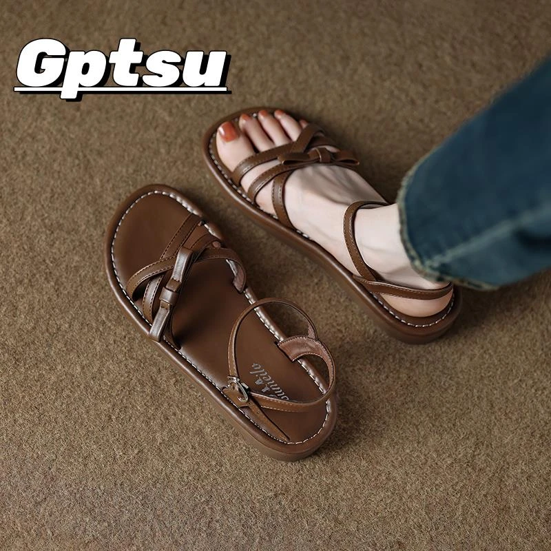 GPTSu绝美女士款凉鞋外穿夏季新款一字带高级感配裙子平底罗马鞋