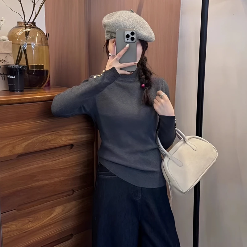 2025春季新款韩版简约纽扣半高领针织衫毛衣女打底衫上衣