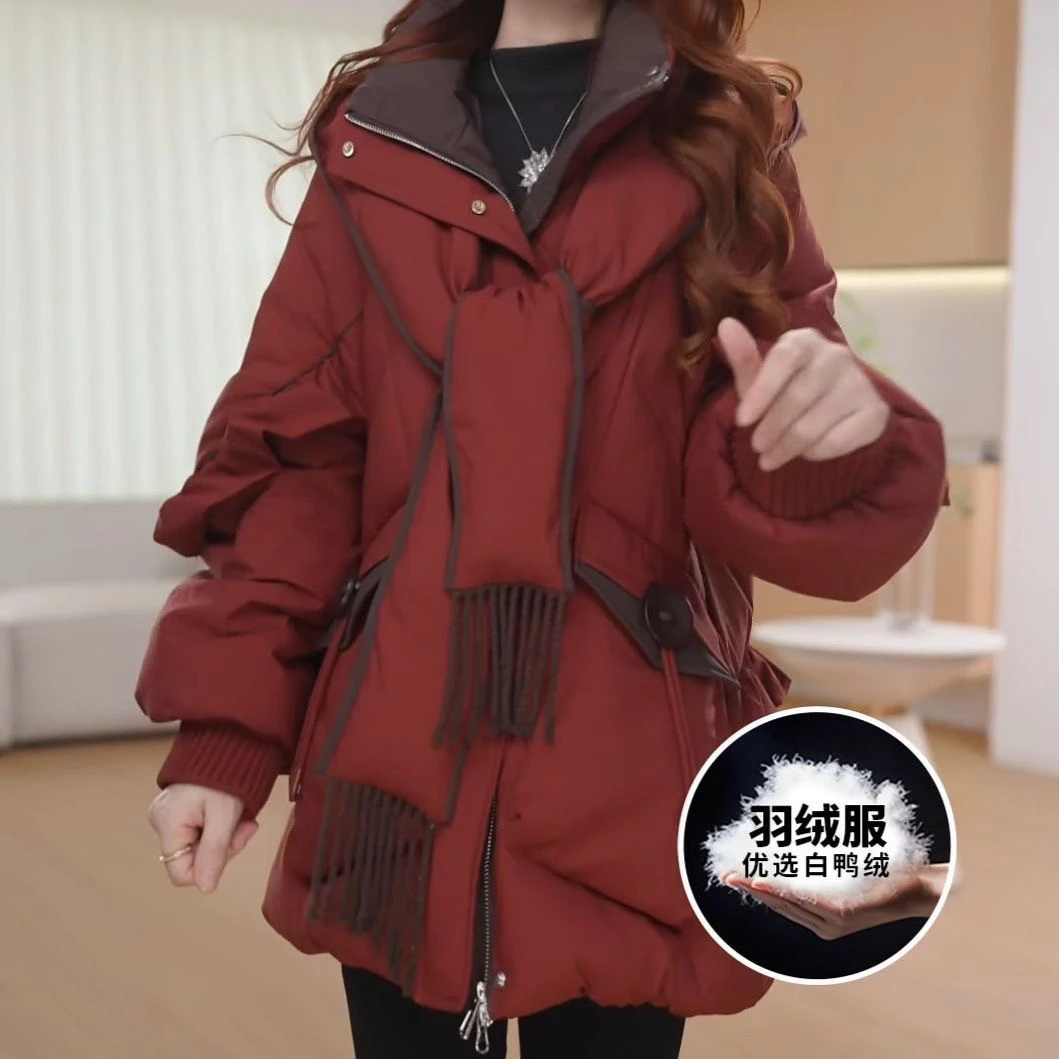 高档连帽时尚洋气鸭绒中长款羽绒服2025冬季新款加厚保暖百搭外套