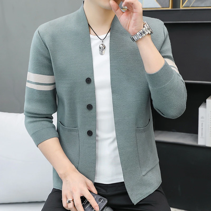 秋季新款开衫潮流百搭毛衣时尚韩版男士拼色针织开衫修身休闲上衣