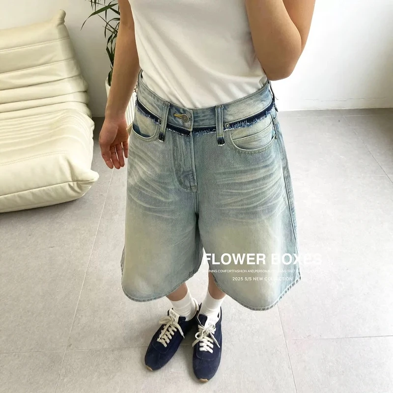 FLOWER花匣子牛仔裤女2025夏新款503117复古色拼接七分宽松阔腿裤