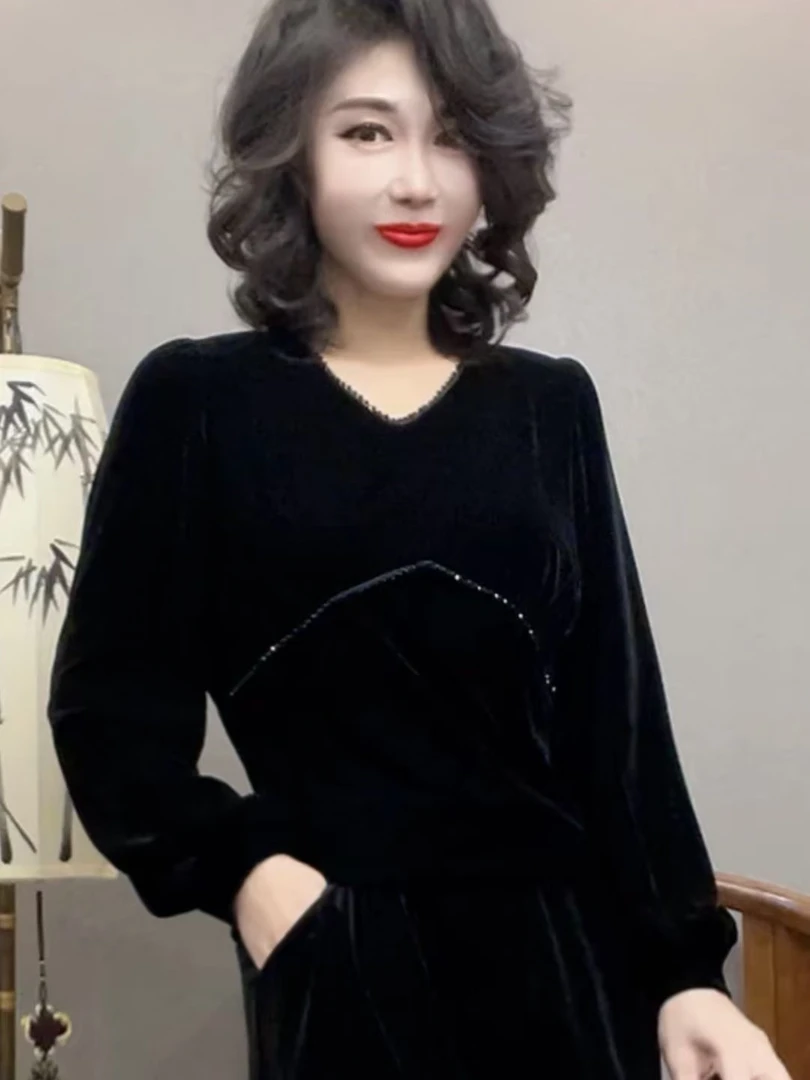 时尚高档金丝绒小衫纯色大码妈妈装百搭减龄