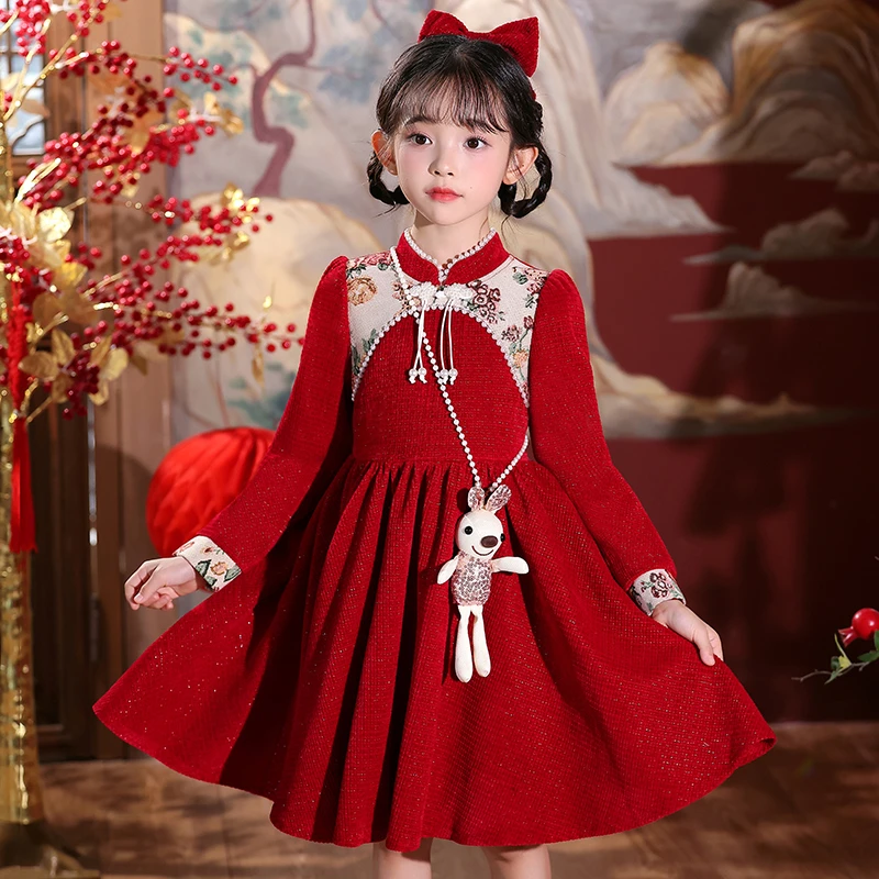 女童连衣裙红色唐装旗袍加绒加厚拜年服小女孩汉服秋冬中国风裙子
