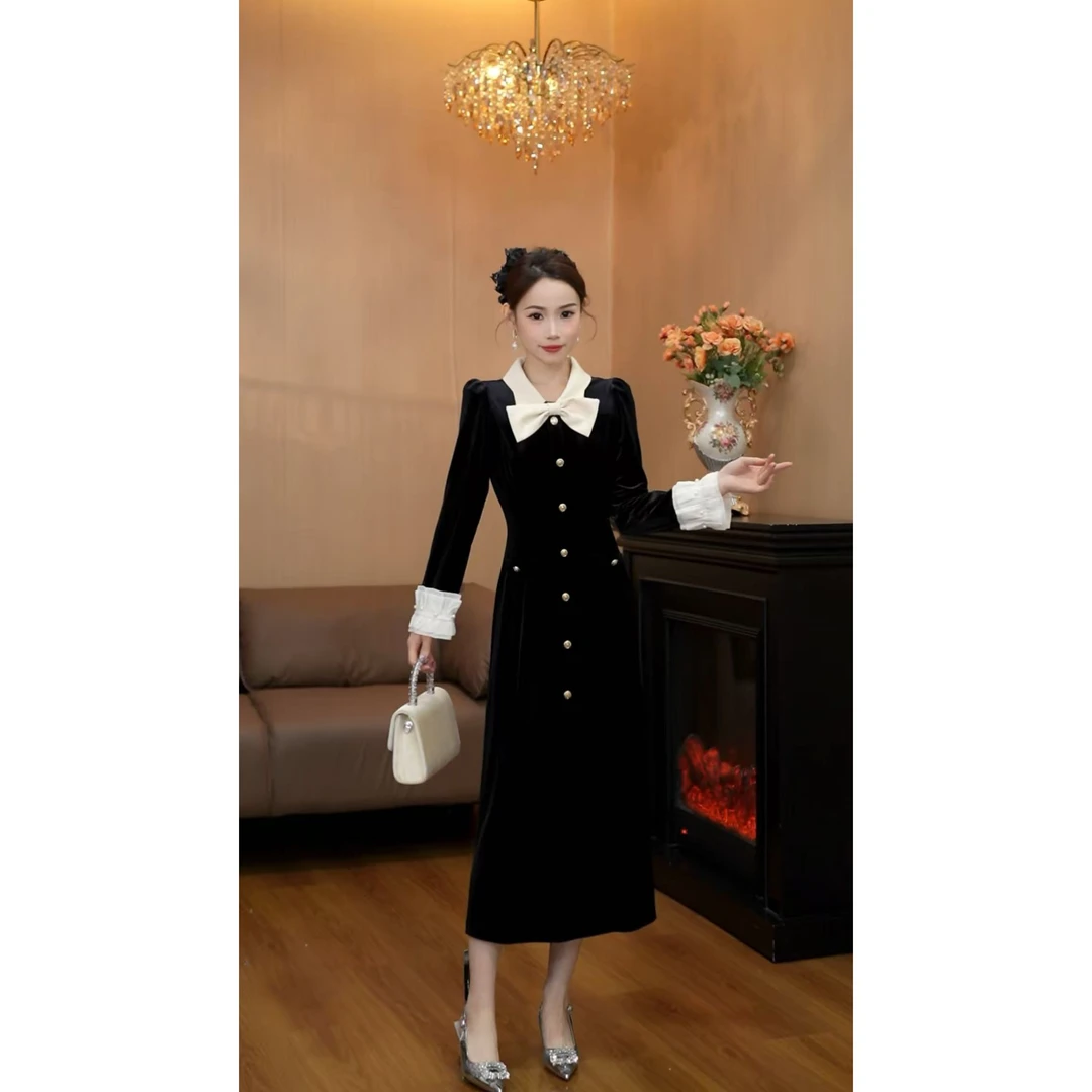 6737【优雅黑裙】甜美赫本风秋冬新款法式洋气高级感连衣裙