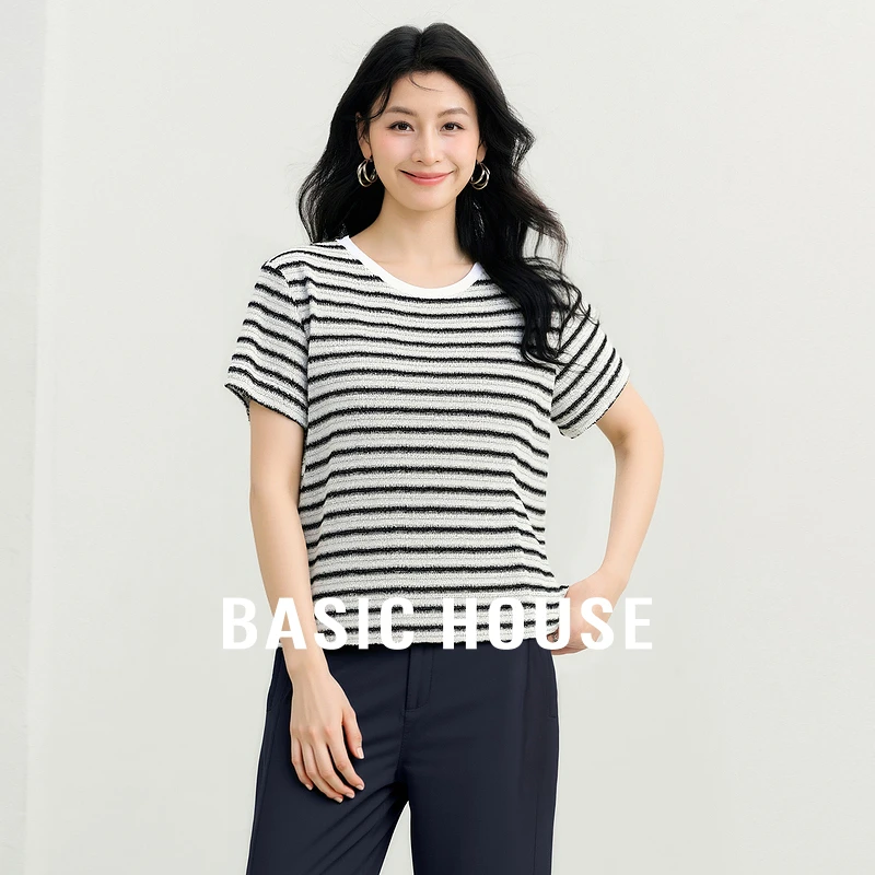 Basic House/百家好夏季韩系ins风条纹洋气短袖T恤女B0624S54992