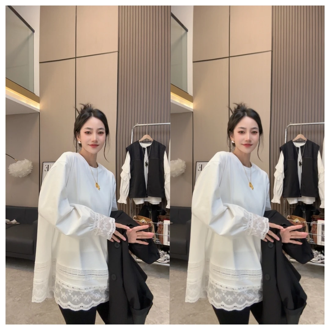 【魅力加分】春装上新~长袖拼接蕾丝边白色圆领宽松打底上衣