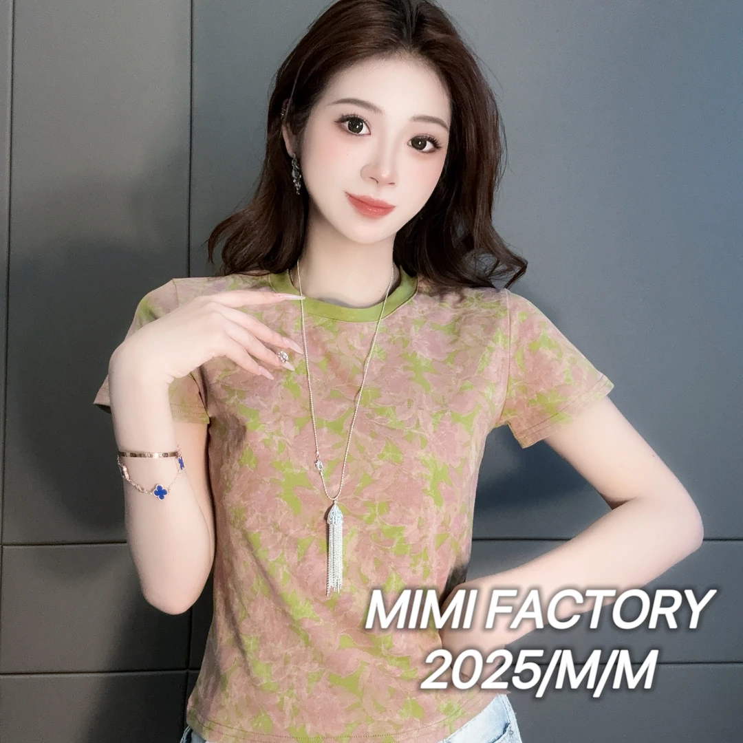 2025夏季新款 欧货满印花朵短袖T恤女修身显瘦时尚百搭4973#