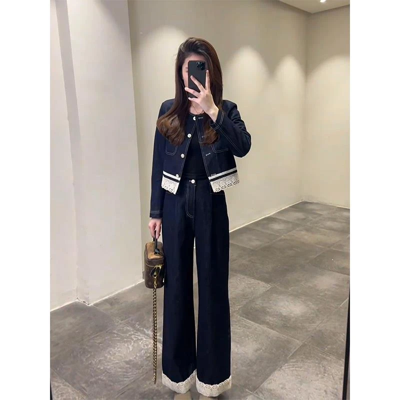 小个子气质蕾丝牛仔外套阔腿裤女装2025春季新款独特漂亮休闲套装