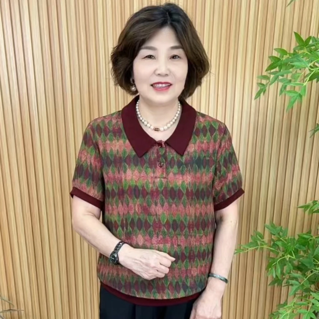薄款娃娃领妈妈装中老年女装高街穿搭极简风大码时尚V6113夏季