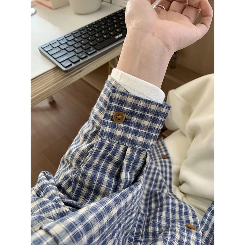 蓝色格子衬衫男女款长袖初春穿搭慵懒风格纹衬衣美式cleanfit外套
