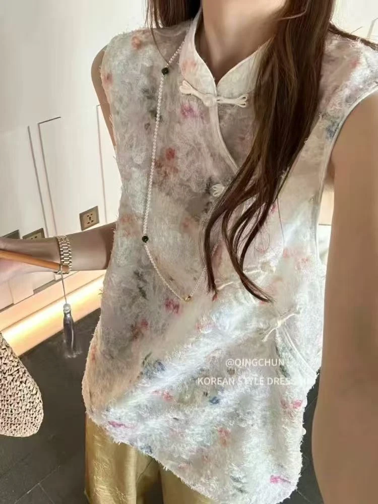 SD M胸106长75拉毛肌理设计感新中式温柔无袖减龄衬衫上衣 1326