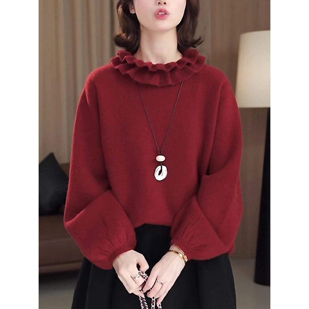 红色长袖针织衫女秋冬新款高级感洋气显瘦减龄木耳边内搭打底上衣