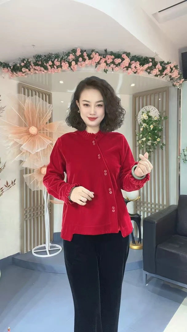 【秋冬加绒】休闲复古老钱风设计感丝绒偏襟木耳边圆领S衬衫6929