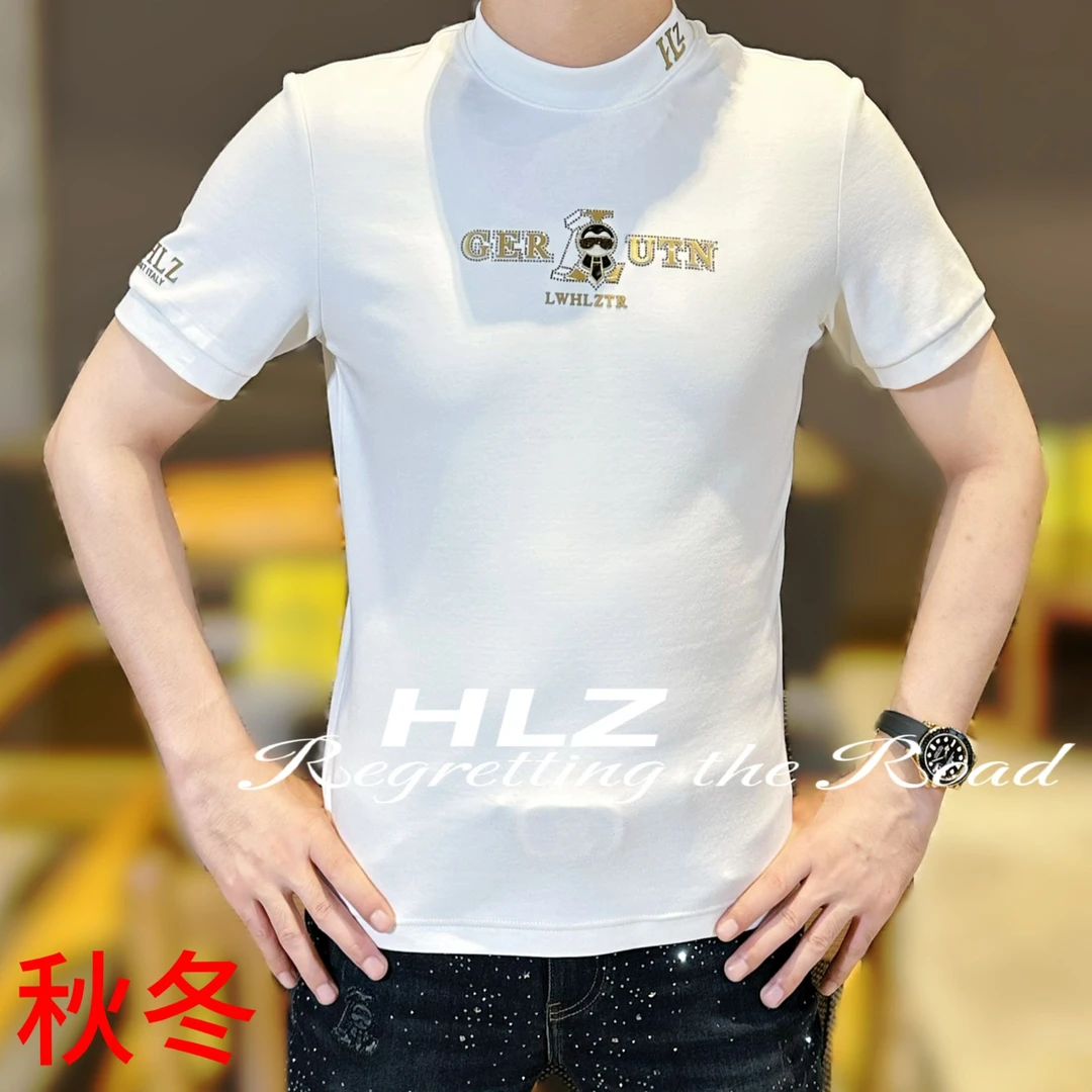 2025秋冬男士新款小佛爷修身弹力百搭潮流烫钻加厚圆领短袖打底衫