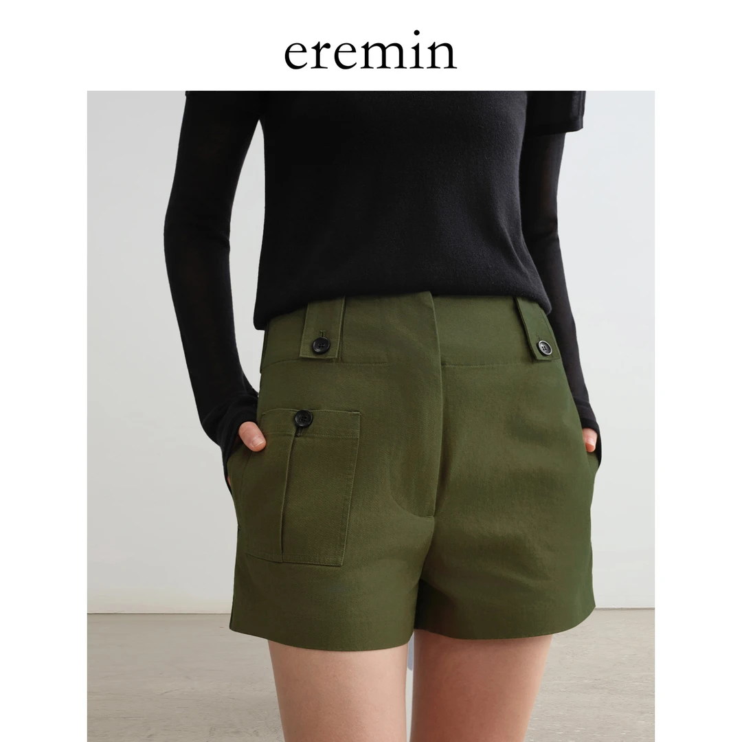 DE Mincollection绿短裤/斜纹棉翻盖口袋显瘦工装直筒短裤55306