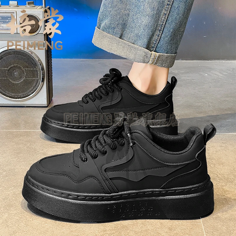 培蒙黑色男鞋春季防滑耐磨厚底上班工作鞋休闲高级感运动劳保潮鞋