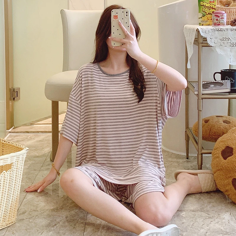 睡衣女夏季新款莫代尔短袖套装韩版宽松大码220斤可穿家居服M-5XL