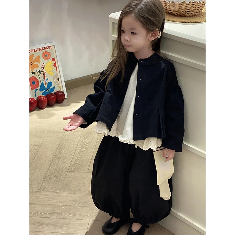现货】壹妈韩版童装女童套装秋冬2025新款儿童黑色时尚外套灯笼裤
