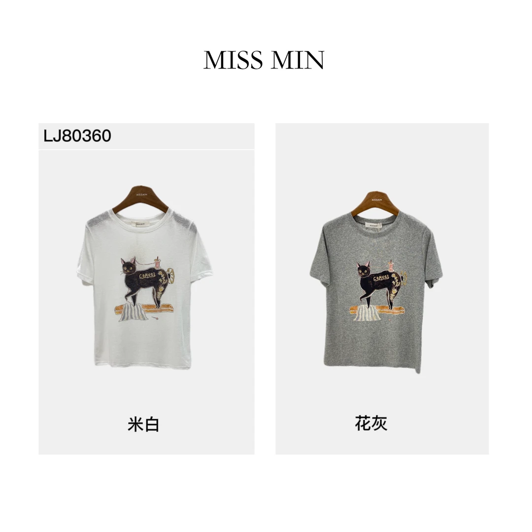 MISS MIN LJ80360春夏雪花棉通勤上衣圆领短袖T猫咪印花正肩上衣