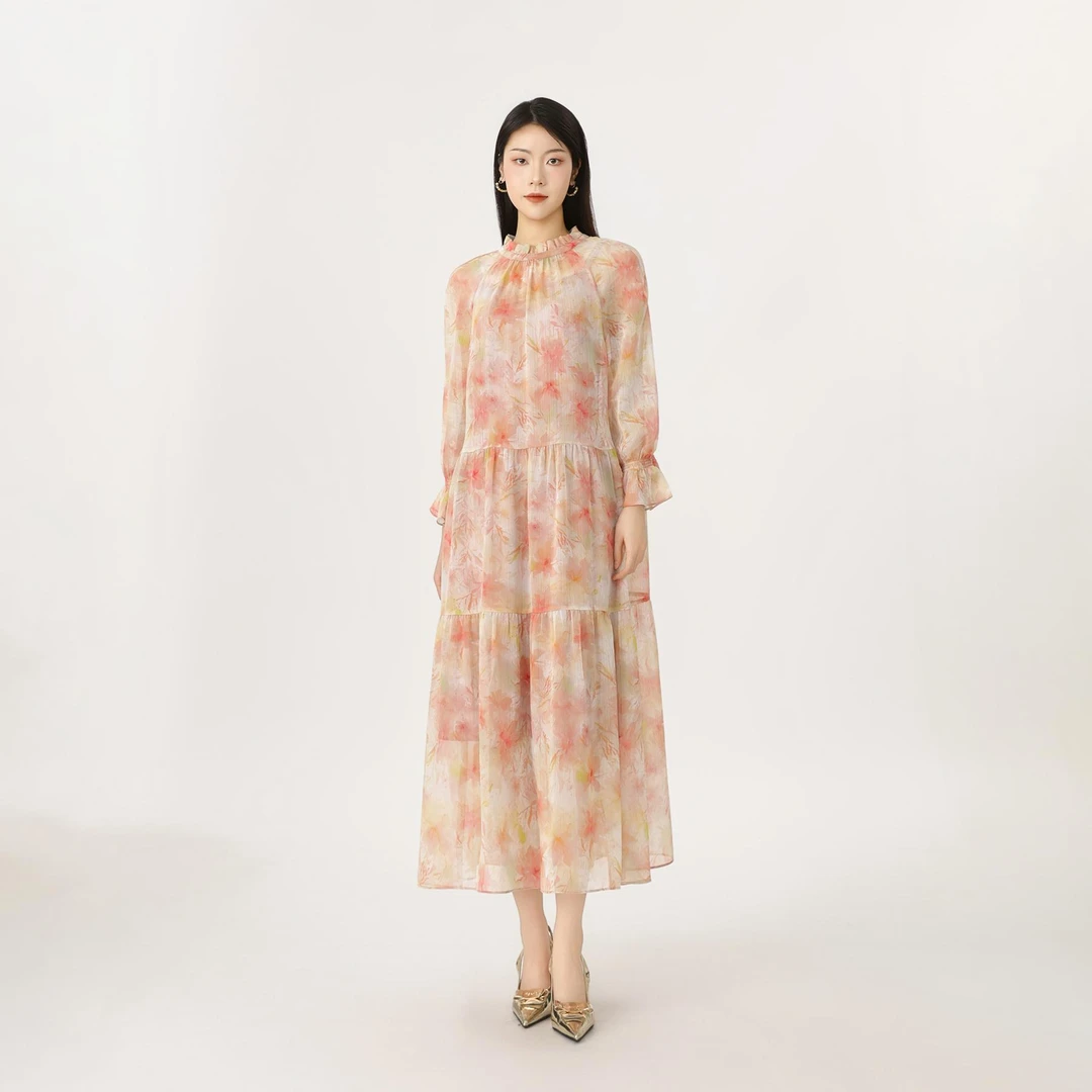 GIRDEAR/哥弟早秋新款浪漫仙女风时尚中袖印花连衣裙附内搭150008