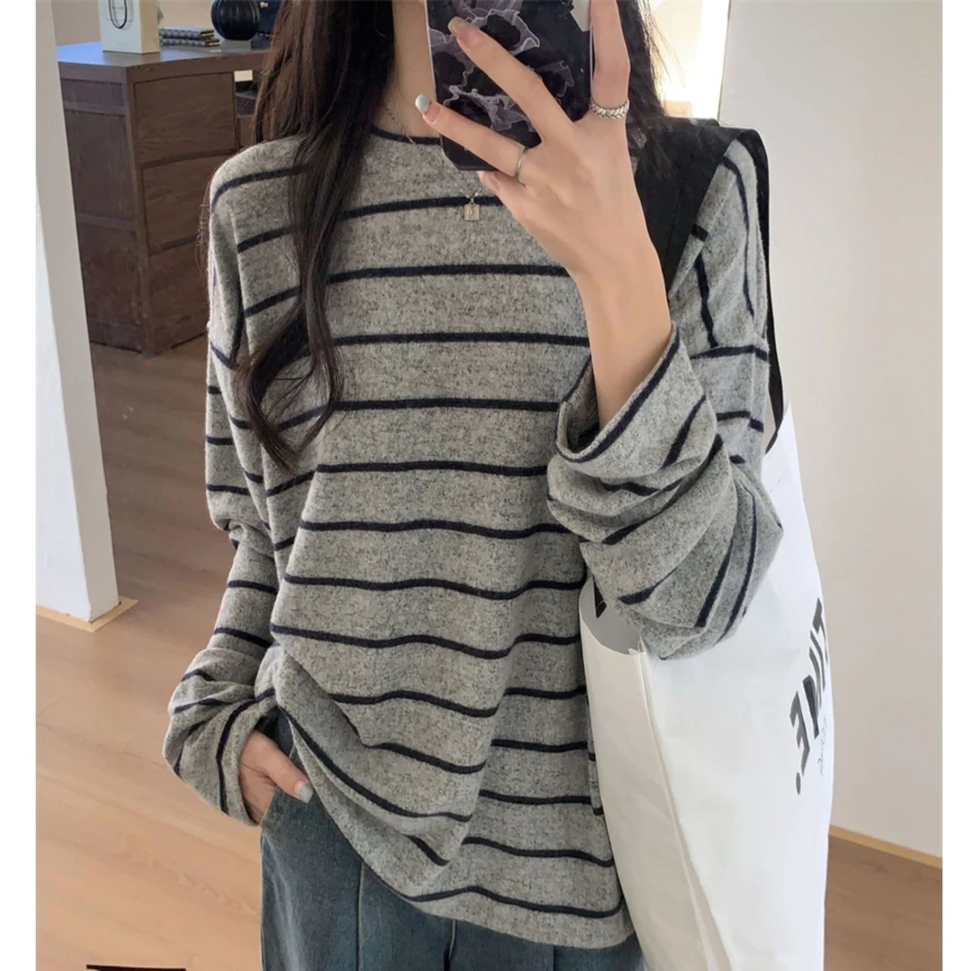 胖妹妹240斤早秋新款韩系条纹长袖t恤女春秋宽松休闲显瘦打底上衣