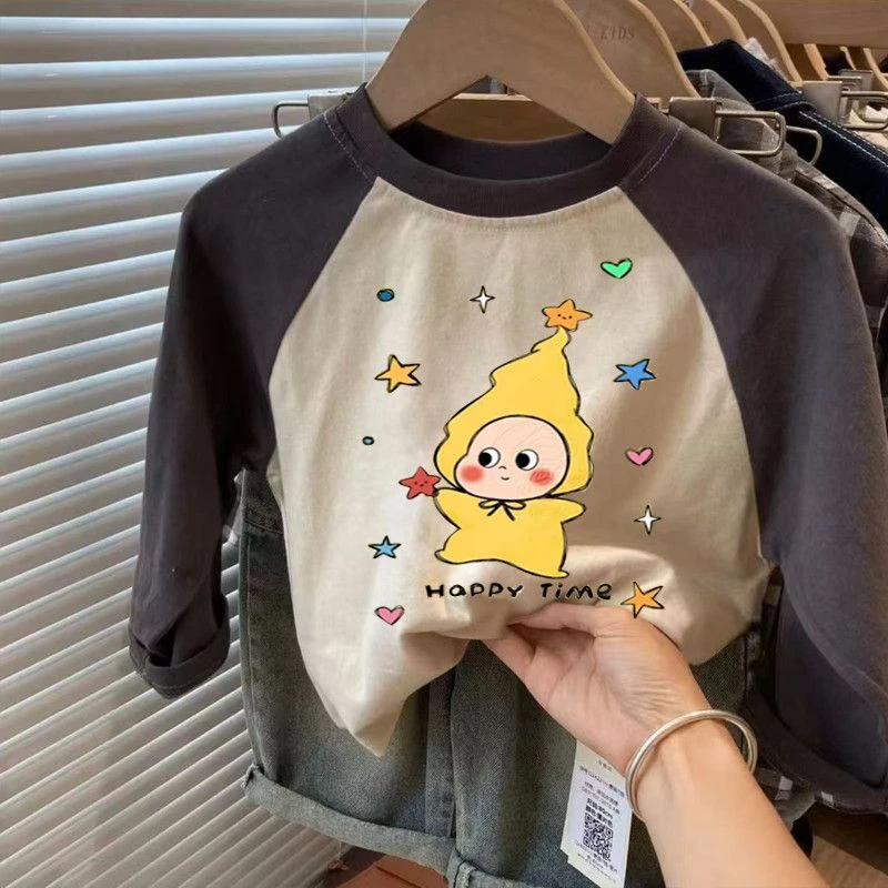 儿童男童纯棉T恤长袖女童洋气宝宝韩版春秋新款圆领卡通上衣打底t