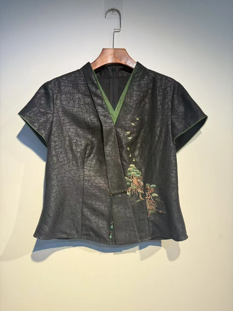 【春色满园】桑蚕丝香云纱V领手绘钉珠上衣斜襟老料女装真丝衬衫