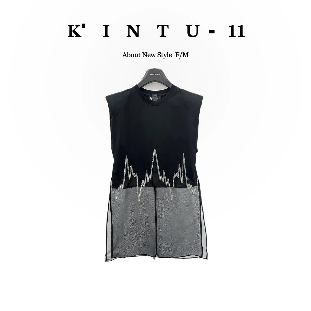 【K-11】原创设计 “旋律线”桑蚕丝拼开叉欧根纱钉钻片坎肩T恤55138