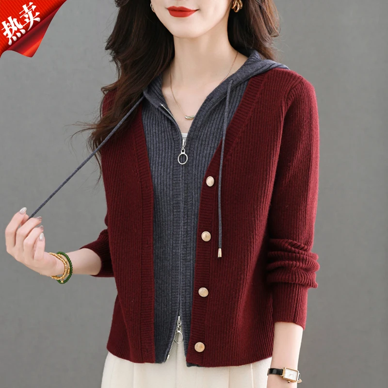 【原版正品】羊毛衫女连帽假两件毛衣外套秋冬新款设计感针织开衫厚