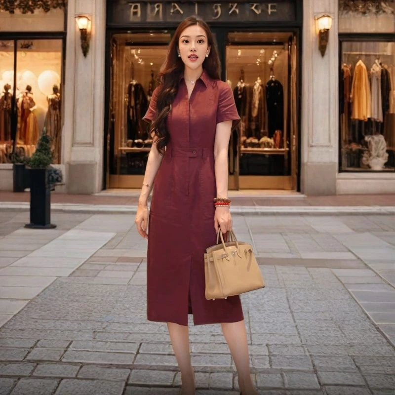 气质显瘦连衣裙 中长款连衣裙 修身气质连衣裙时尚夏季复古收腰