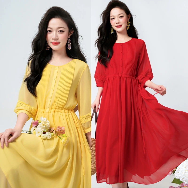 宽松抽绳收腰通勤红色拍照连衣裙气质显瘦休闲蕾丝拼接黄色长裙女