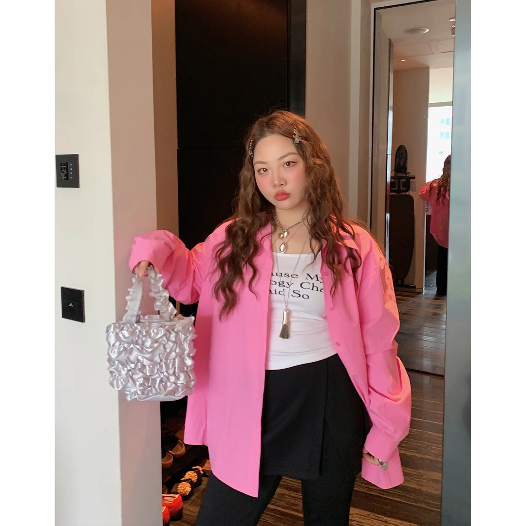 Dazi金大支 粉色字母刺绣衬衫女上衣0103/0324时尚休闲百搭宽松