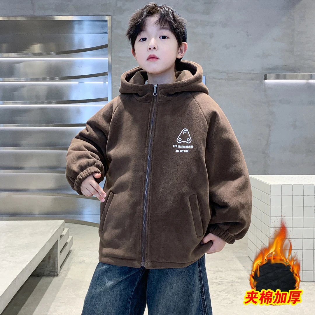 男童字母夹棉加厚摇粒绒外套秋冬款2025儿童保暖连帽毛毛衣中大童