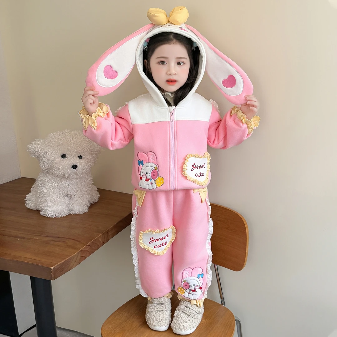 女童加绒套装儿童卡通洋气时髦加厚两件套小女孩宝宝秋冬装2025新