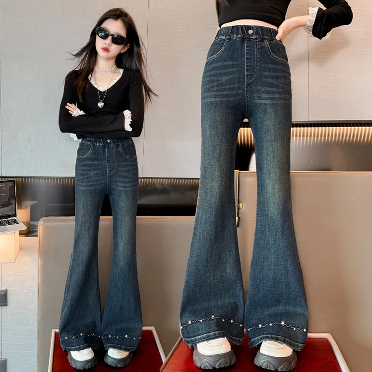 女童喇叭裤春秋款2025新款儿童好看裤子秋季女大童高腰弹力牛仔裤