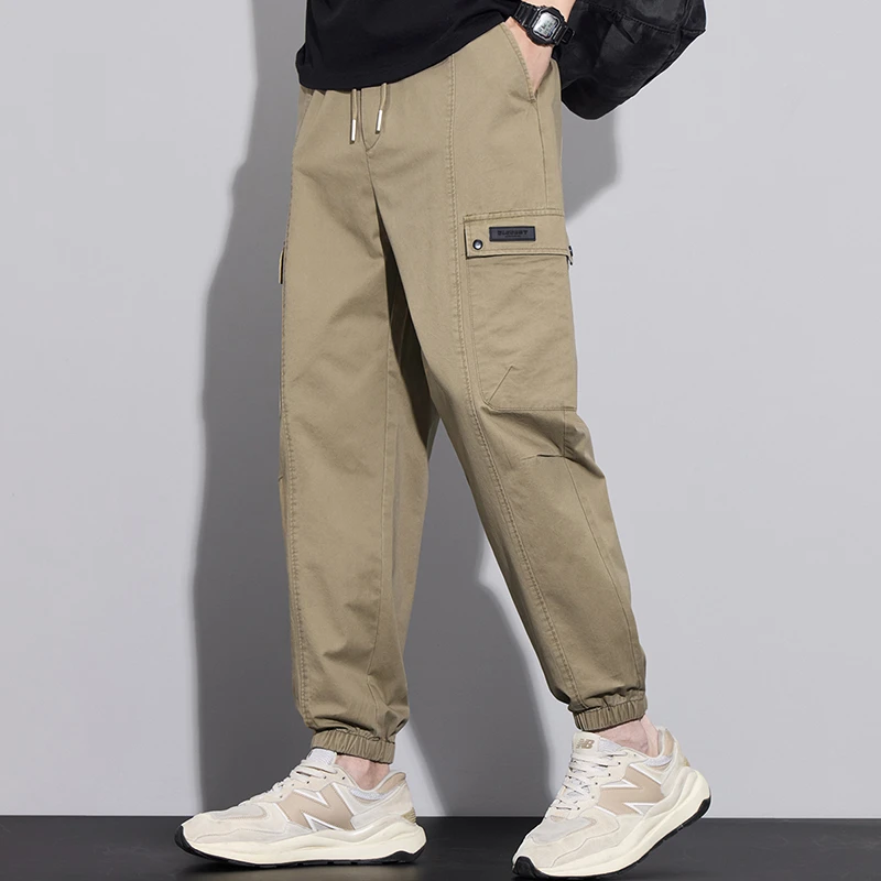 2025春季新款纯棉男士休闲裤男大码工装百搭裤子纯色束脚系带