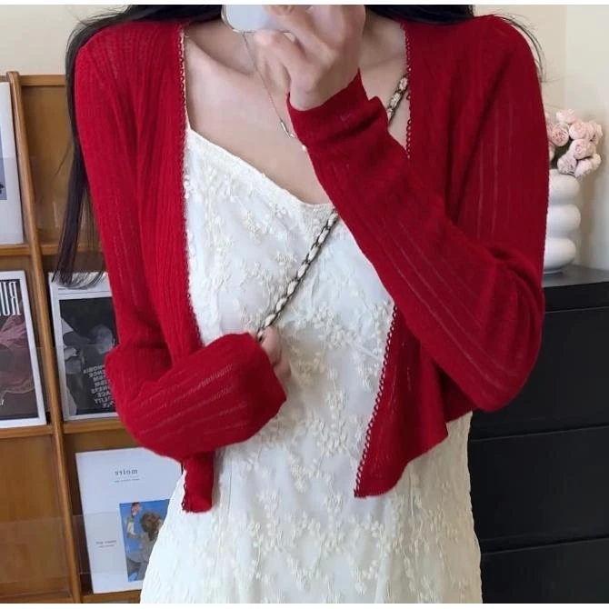 红色短款针织开衫女夏季显瘦防晒长袖上衣