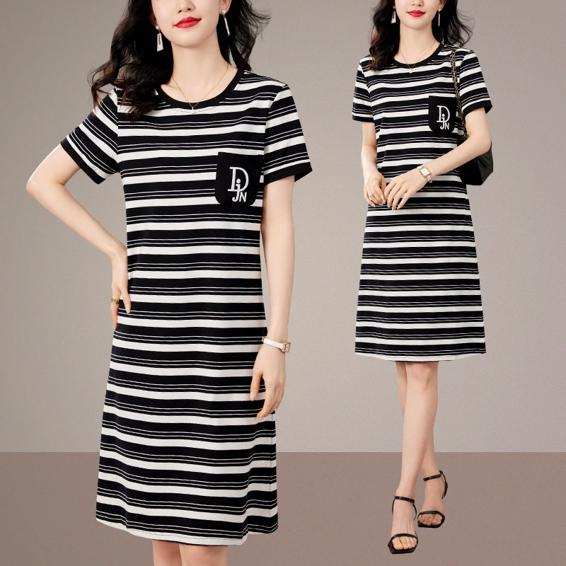 蕾丝显瘦经典条纹休闲慵懒2025年新款时尚气质宽松百搭圆领子