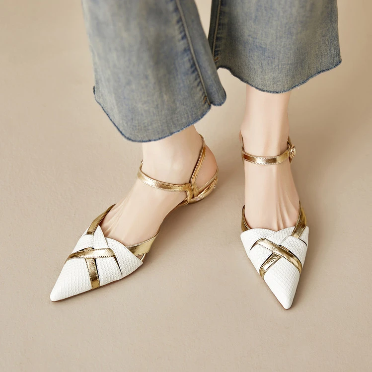 气质尖头单鞋百搭高级感一字扣带中空包头低跟凉鞋女夏通勤鞋