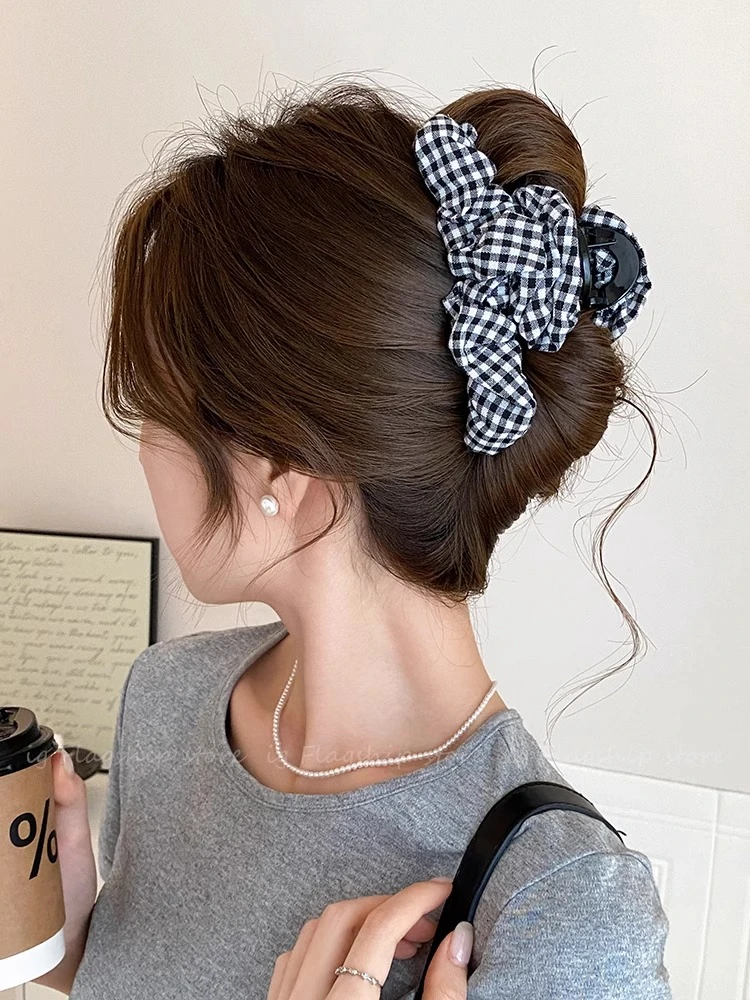 黑白格子抓夹女高级感文艺后脑勺发夹韩式时尚气质大号盘发鲨鱼夹