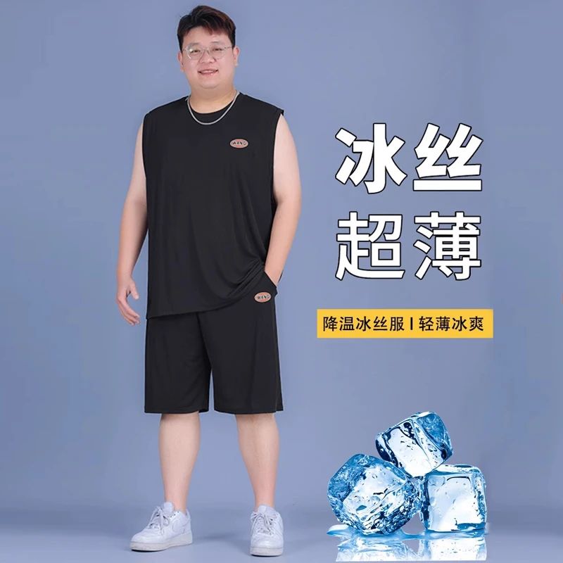 短袖t恤男坎肩背心胖子男士宽松休闲加肥套装夏季速干冰丝运动服
