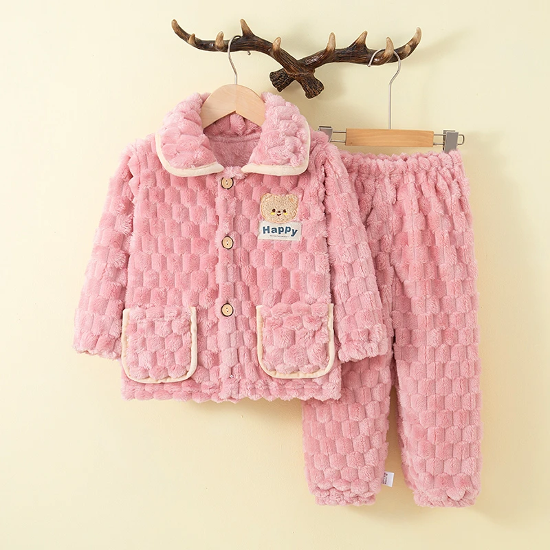 儿童法兰绒睡衣秋冬季加厚男童女孩加绒女童宝宝珊瑚绒家居服套装