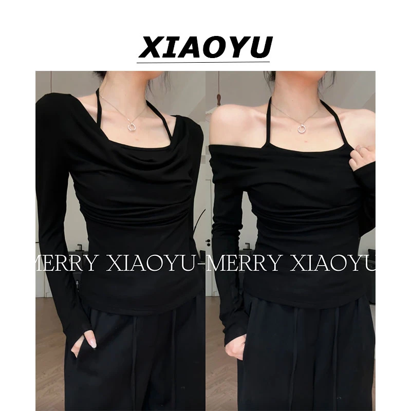 小鱼【百分甜酷】挂脖荡领修身显瘦假两件设计感上衣纯欲风