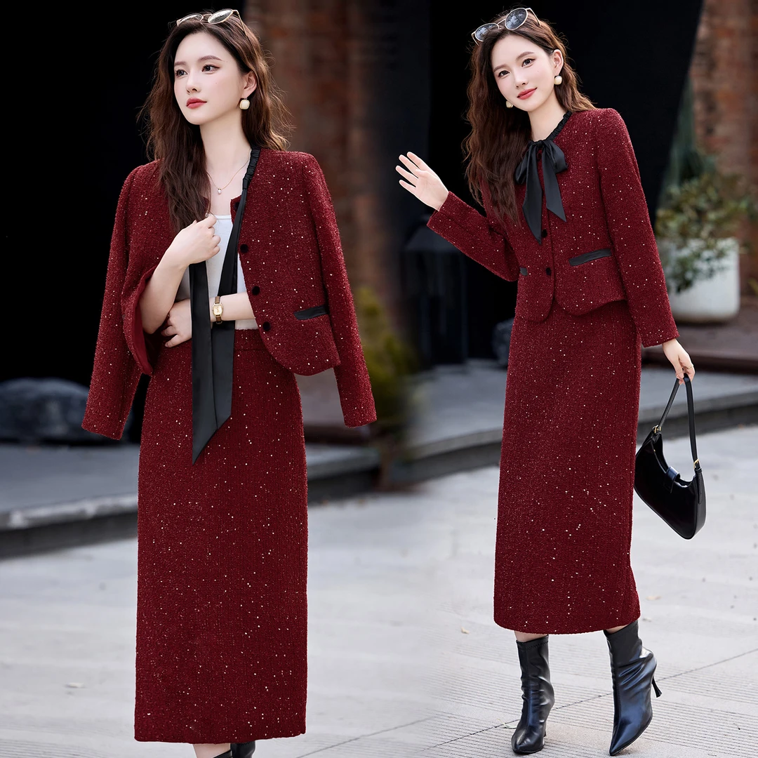 小香风毛呢套装女2025秋冬新款名媛蝴蝶结外套半身裙子两件套轻奢