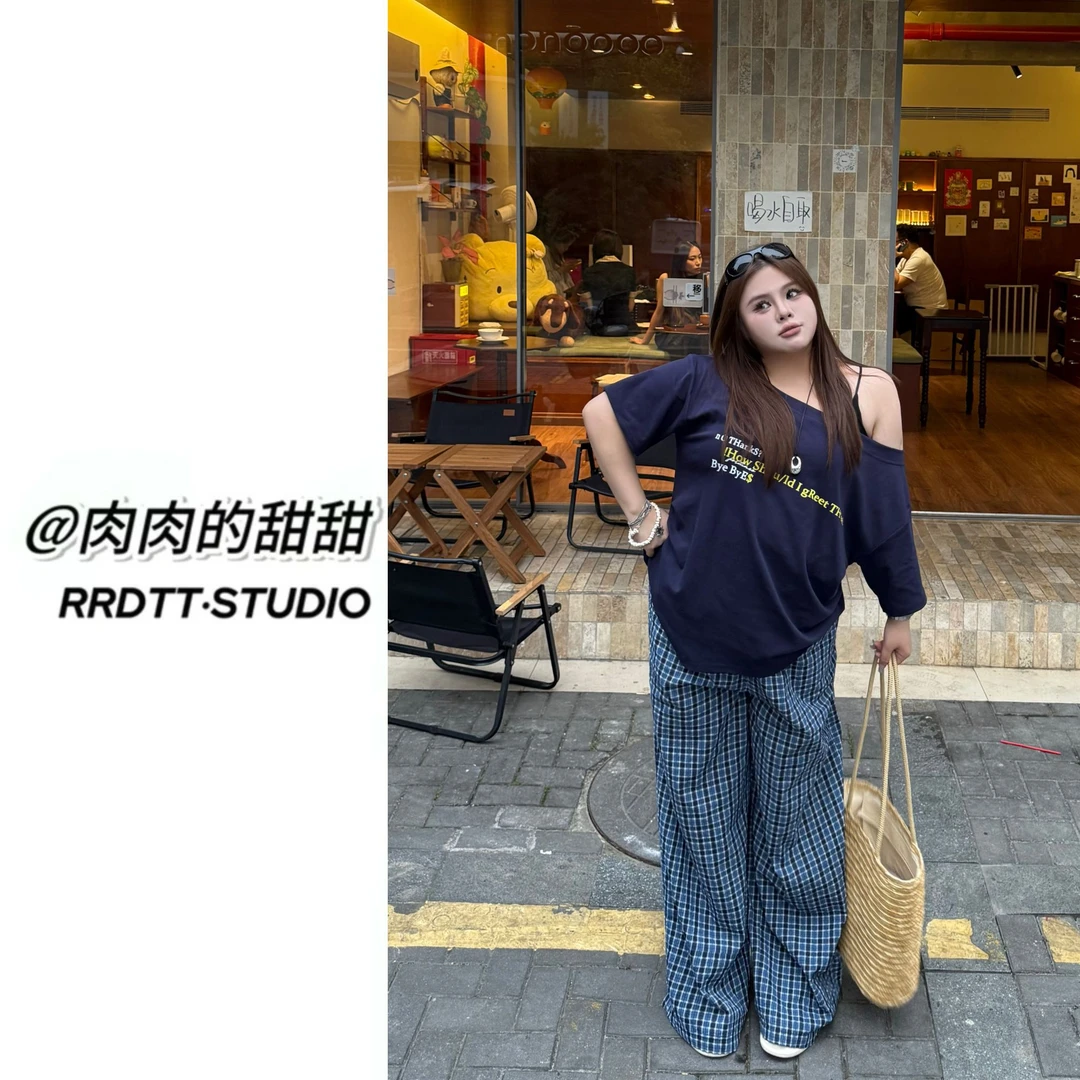 肉肉的甜甜【海岛格纹裤】大码韩系格子直筒裤宽松显瘦阔腿裤505